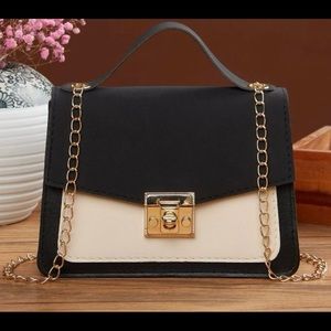 Twist lock color block flap chain satchel bag